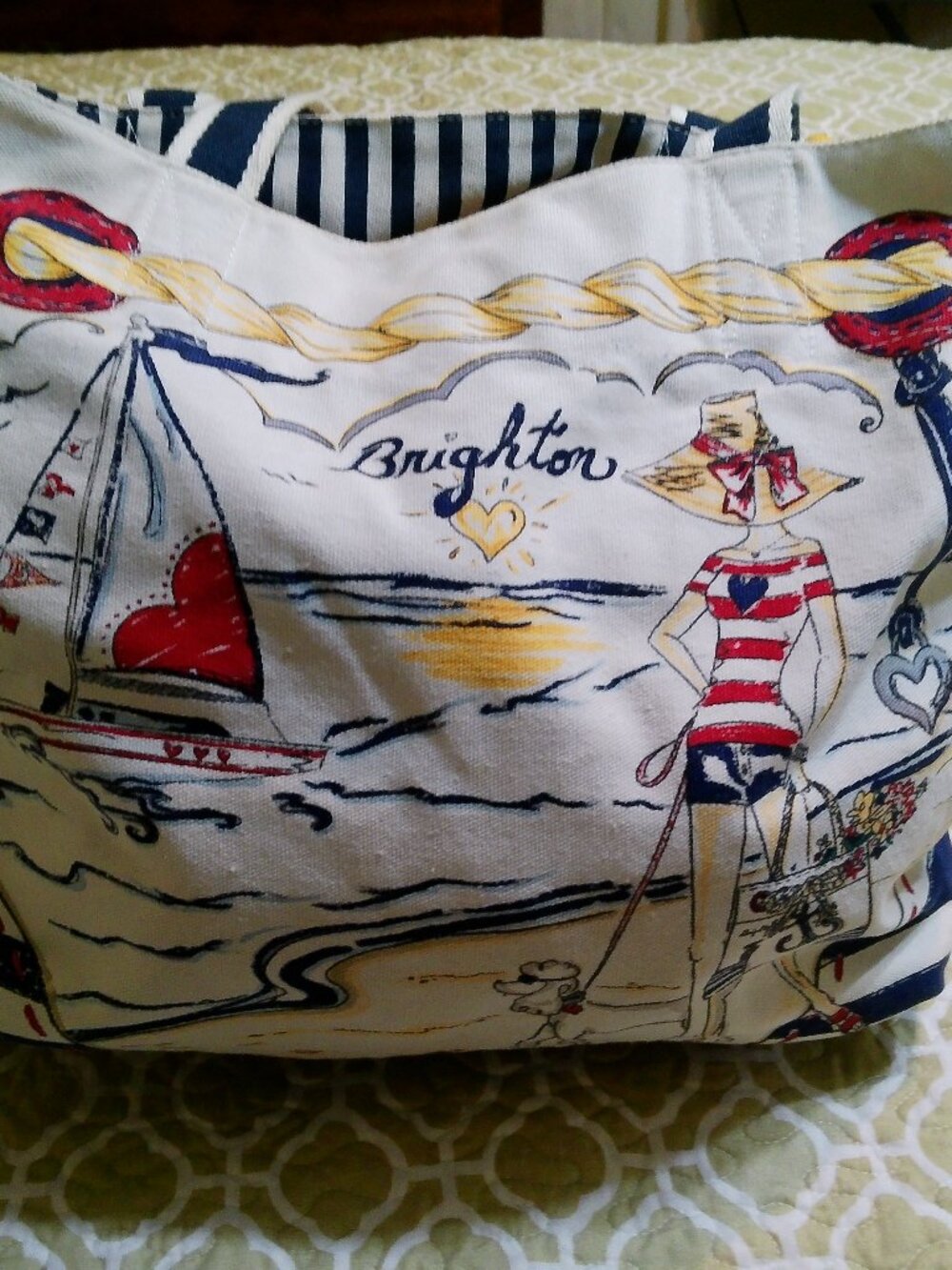 Vintage Brighton Boardwalk Nautical Anchor Girl Yacht XL Canvas Beach Tote Y2K